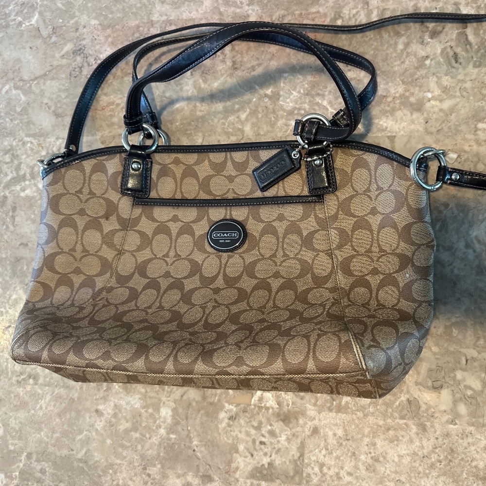 COACH Peyton F19816 large signature coated canvas handbag crossbody purse brown